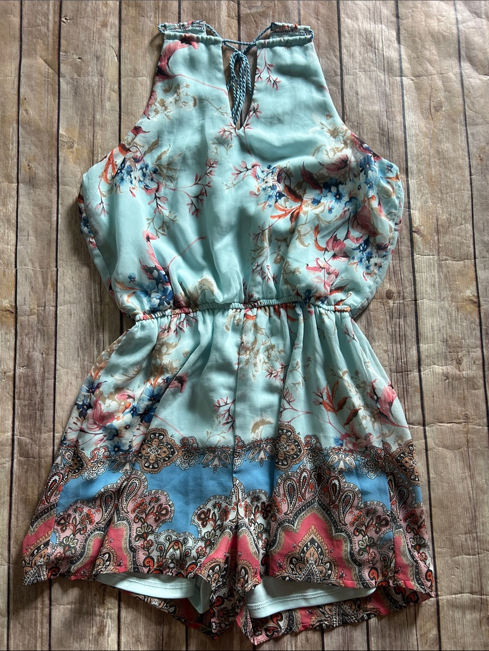 Blue Rain Mint Floral Halter Romper with Pink & Blue Accents
